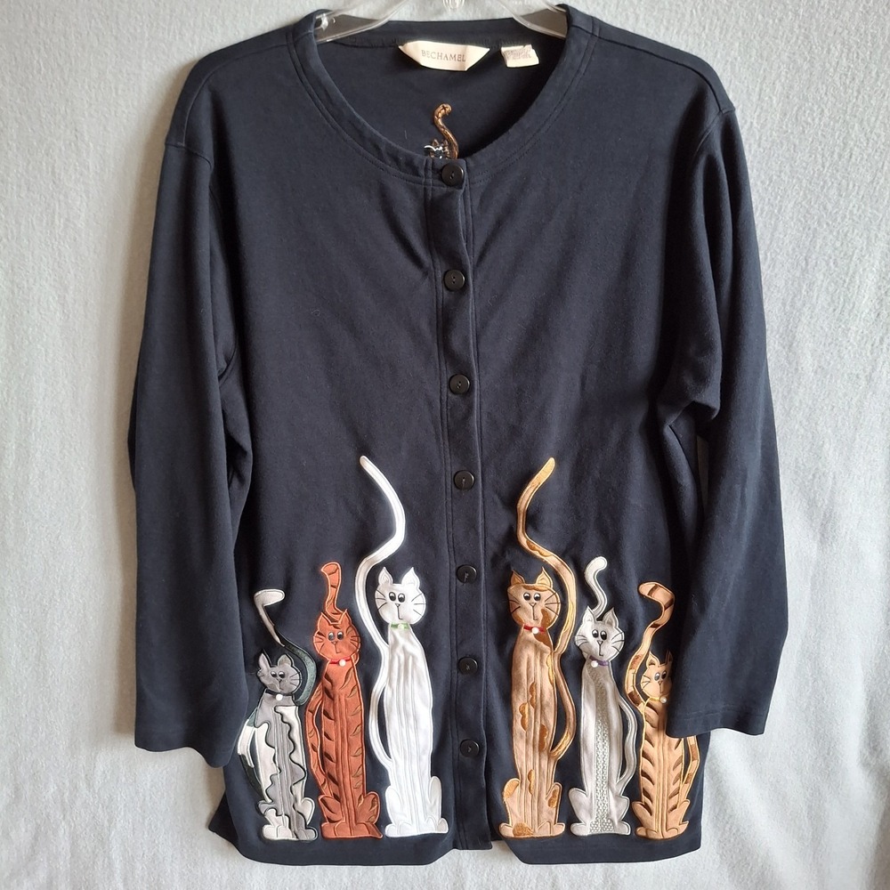Vtg‎ Bechamel Cat Cardigan Sweater L Black Cotton Applique Novelty Grandmacore